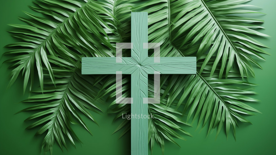 Green cross laid on green palm leaves. 