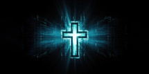 Digital christian cross in cyberspace with copy space, 3d render illustration