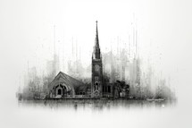 Church on the background of the city. Black and white illustration. ASCII art