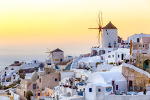 Sunset of Oia village in Santorini island photographed from a high point of view