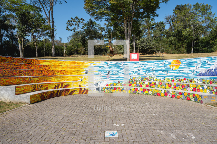 August 29, 2024. Rebeirao Pires, SP Brazil.
Mosaic artwork on the stairs at the Oriental Garden at Rebeiroa Pires.