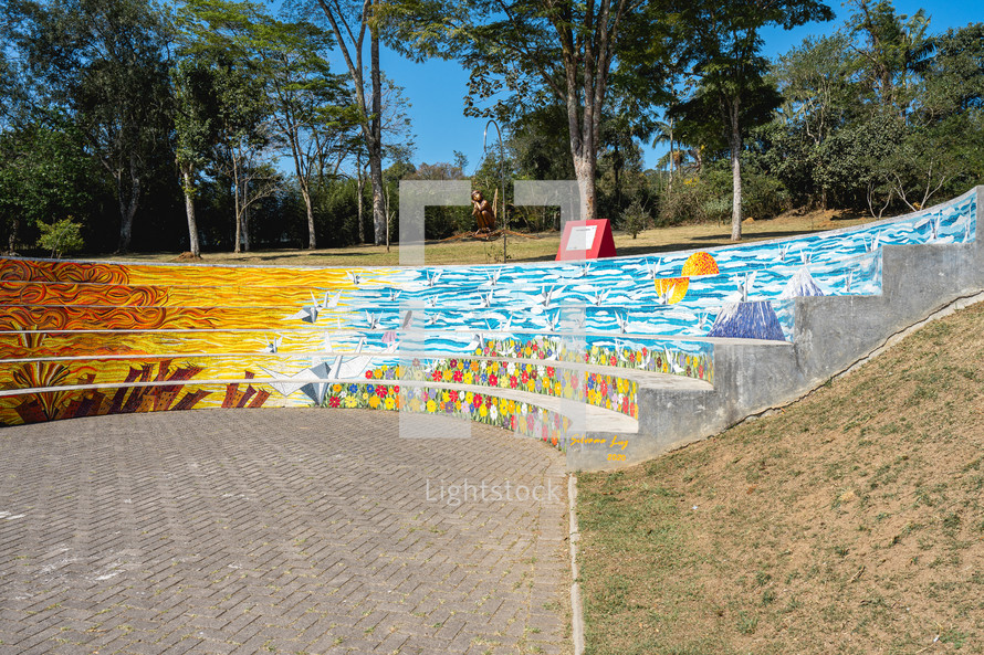 August 29, 2024. Rebeirao Pires, SP Brazil.
Mosaic artwork on the stairs at the Oriental Garden at Rebeiroa Pires.