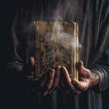 Bible with gold dust and smoke