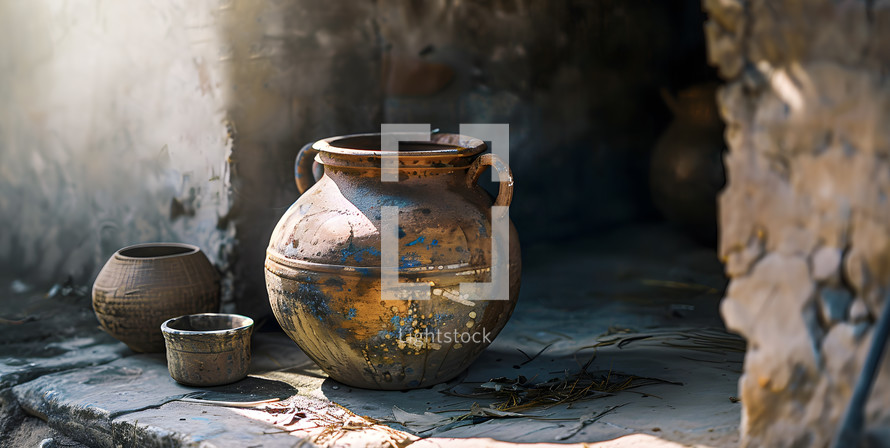 Clay Jars and Tools from Ancient Times That would be Used in a Households for Water Wine Oil Etc