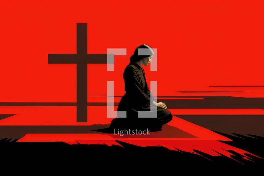 Woman praying in front of a cross on a red background with copy space