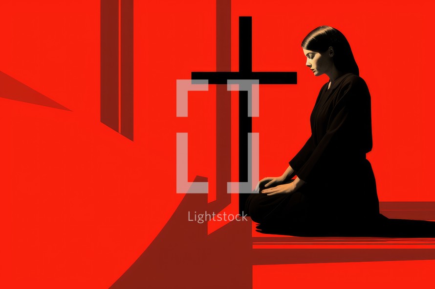 Silhouette of a young woman sitting in front of a cross