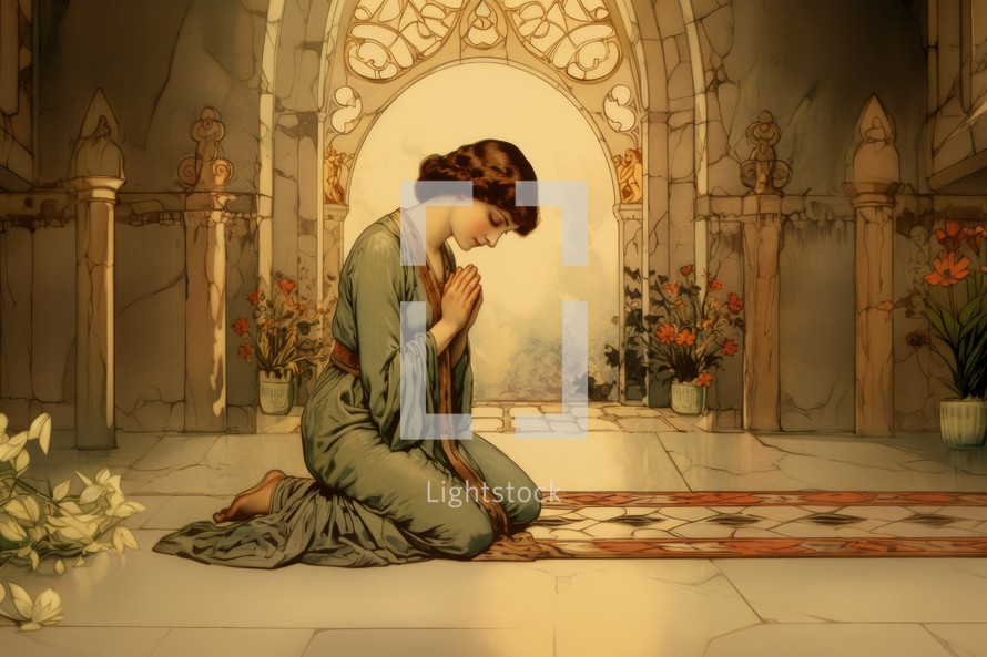 Illustration of a beautiful woman praying in a green dress sitting on the floor