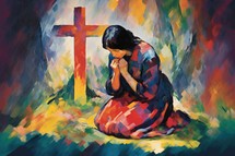Christian woman praying in front of the cross. Illustration in oil painting style.