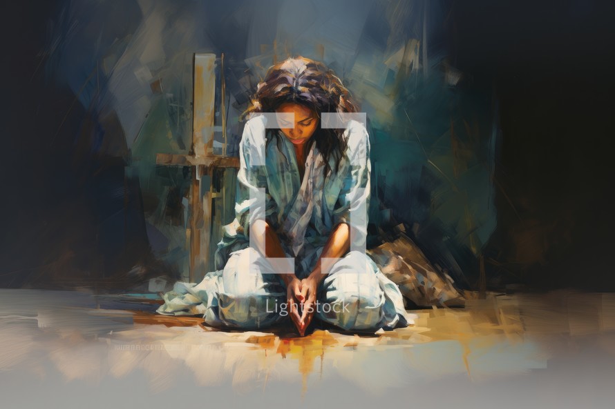 Oil painting of an woman praying