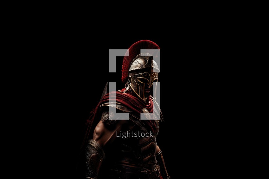 Portrait of a Roman legionary soldier in armor on dark background