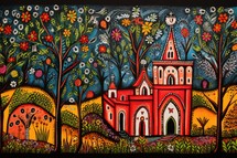 Colorful painting on the wall of the church in the village.