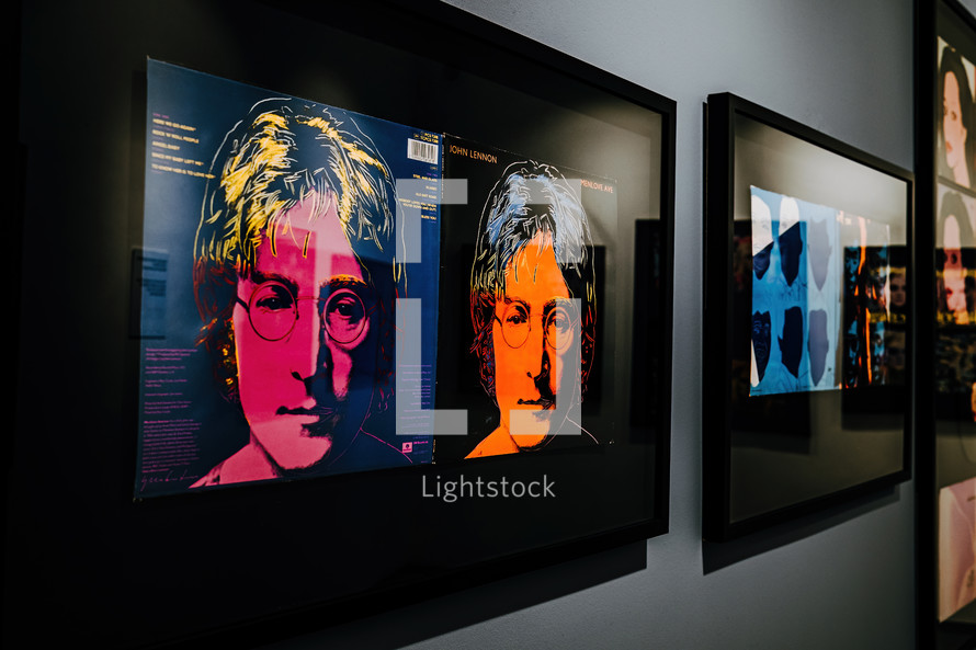 Prague, Czech - February 2023. Andy Warhol exhibition in Central Gallery. Famous colorful John Lennon installation. Legend artist, painting, collection. High quality photo