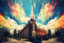 Church in the center of the city. Multicolored abstract background