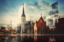 Church in the city with reflection in the water. Double exposure.