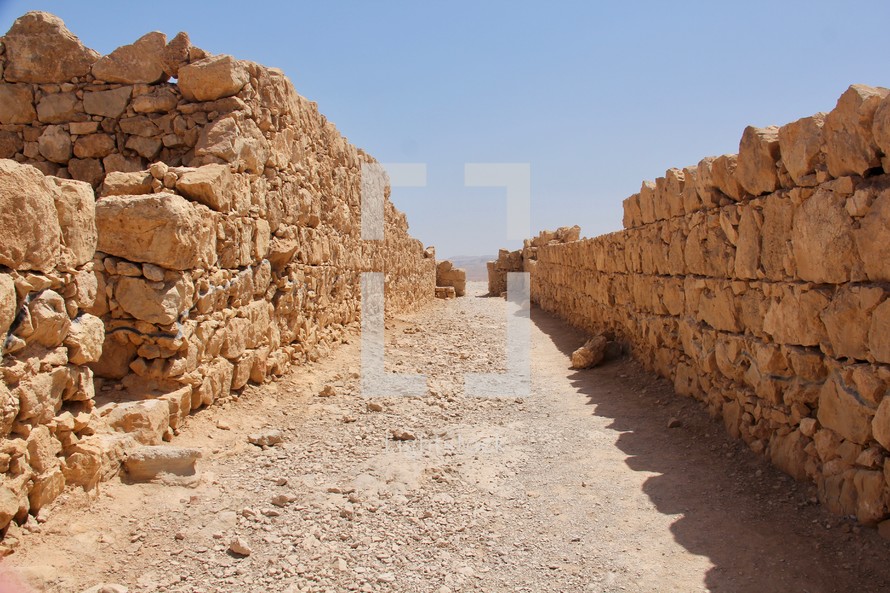 Old stone walls of Masada the Desert Fortress in Israel