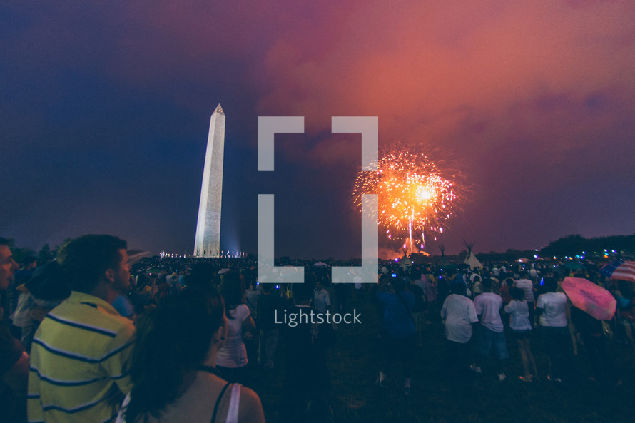 fireworks over a crowd in Washington DC