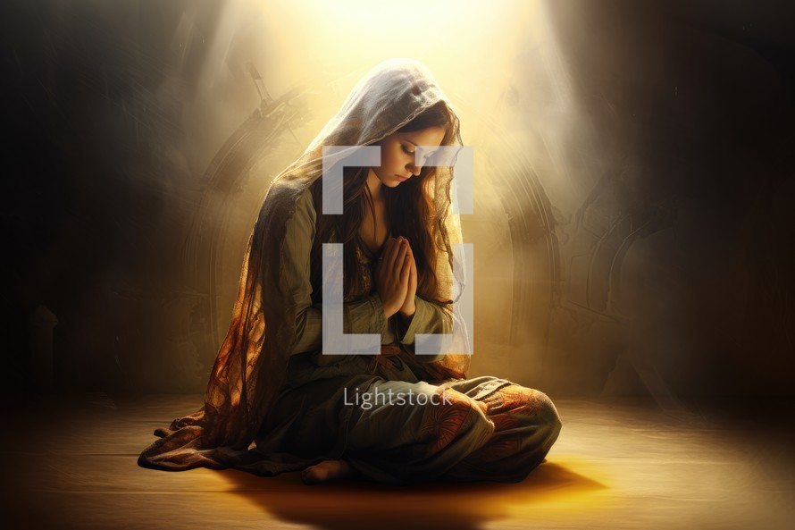 Young woman sitting on floor in dark room and praying to god.