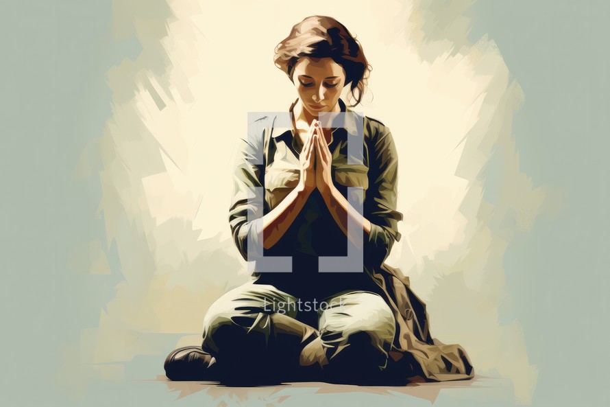 Young woman soldier praying with hands clasped together