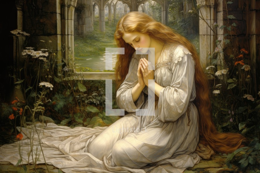 Portrait of a young woman with long red hair praying