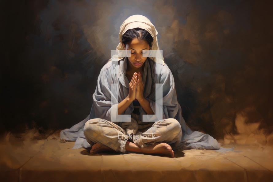 Portrait of a beautiful young woman sitting on the floor and praying