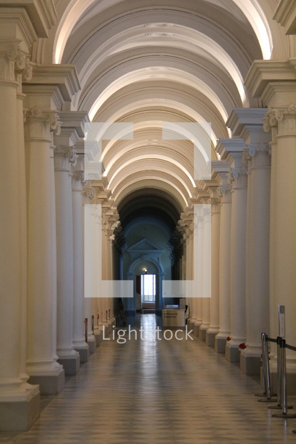 marbled floor, columns, hallway 