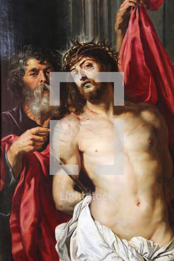 Christ crowned with thorns, given a 'royal robe' and prepared for crucifixion 