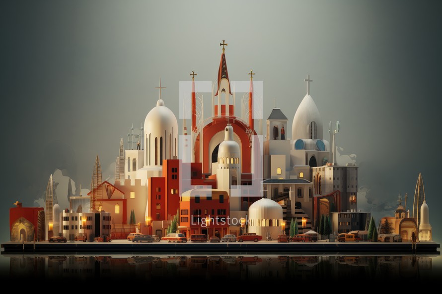Fantasy Church and city with buildings and skyscrapers. 3d render