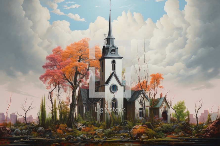 Digital painting of a church in an autumn landscape with trees and clouds