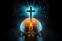Christian Artificial Intelligence. Digital illustration of  brain in colour  background. 3D rendering