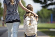 a young girl holding hands with mom walking to school 