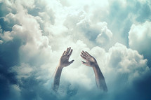 Worship, worshipping hands in the sky and clouds