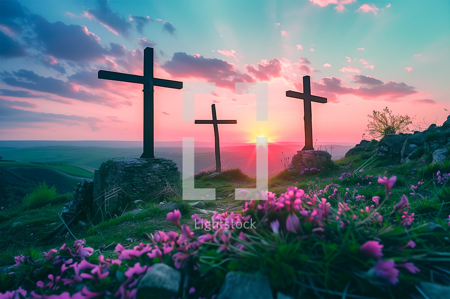 The three crosses on the hill of Golgotha at Sunset surrounded by flowers
