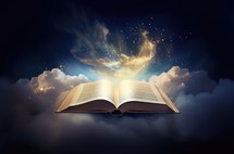 Opened bible in the sky with rays of light coming from above
