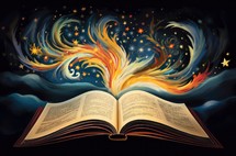 Bible with fire flame and stars on dark background. Vector illustration.