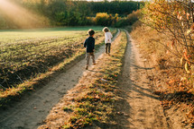 Little happy boys twins cheerfully running countryside road. Childhood, warm autumn, family. 4 years old kids frolics on country nature. Ecological life outside city. High quality 