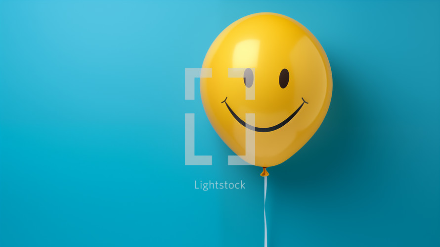 Smiley face on a yellow helium balloon with a blue background. 