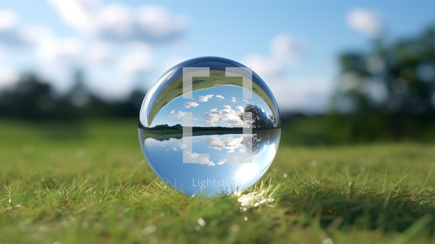 Small glass orb in the grass with blue sky. 