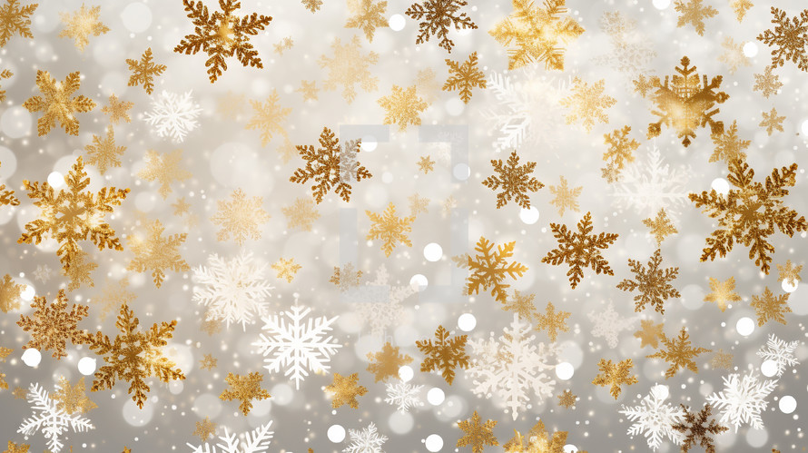 Golden snowflakes with light background. 
