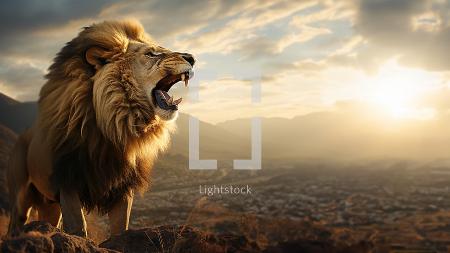 A Lion roars over a city.