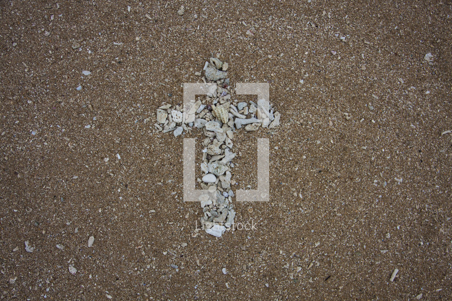 cross shape in shell on sand 