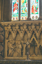 altar and stained glass windows cross old angels stone