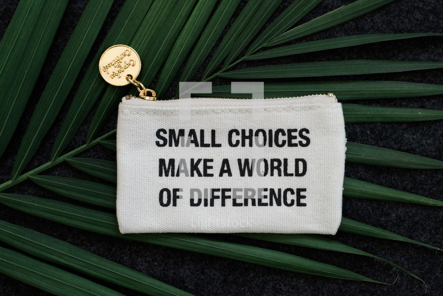 small choices make a world of difference coin purse on a palm frond 
