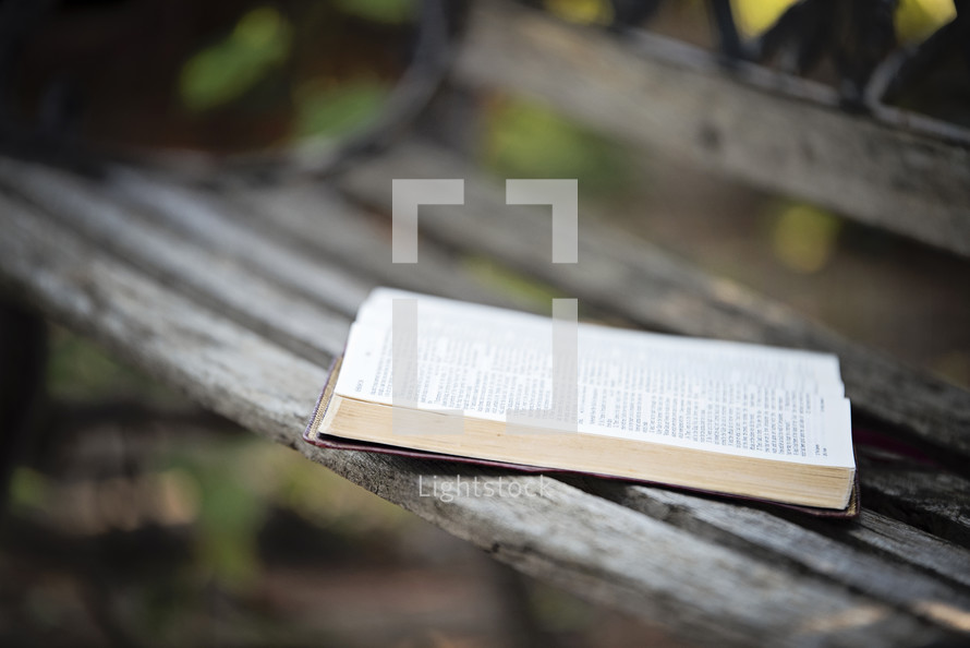 an open Bible on an old bench 
