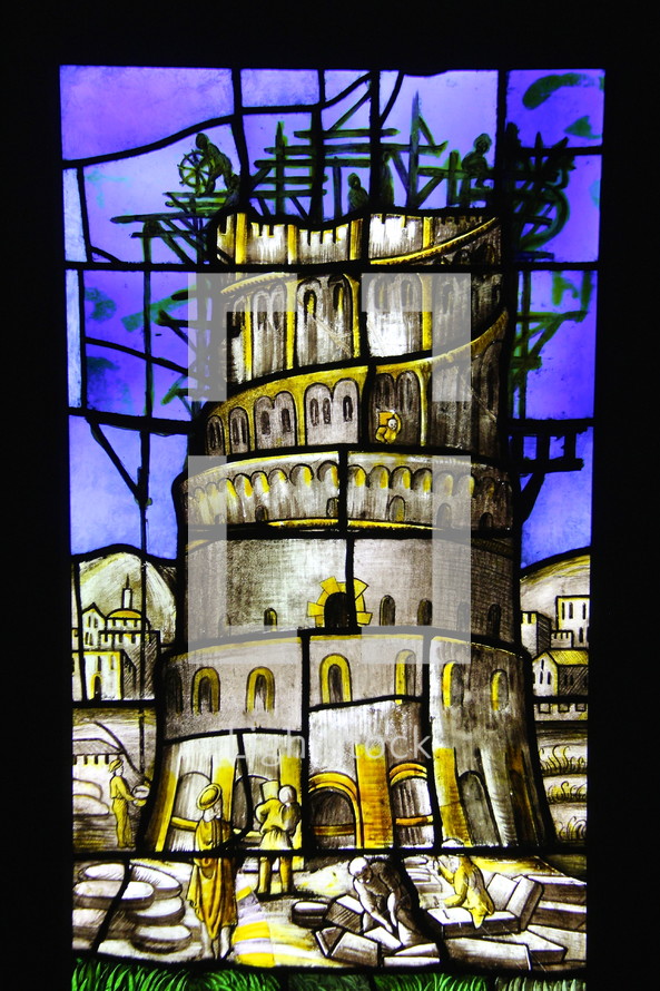 stained glass window, tower of Babel 