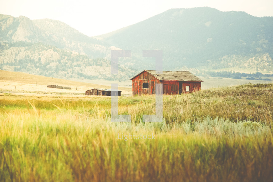 an old red barn on a field in Colorado 