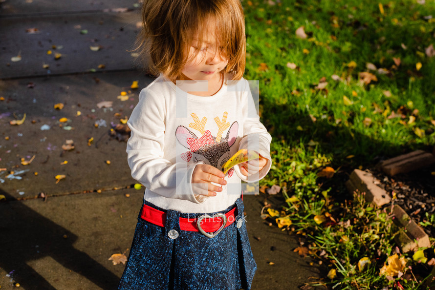toddler girl playing with fall leaves 