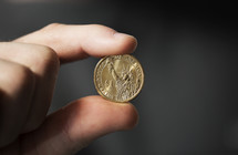 hand holding up a dollar coin 