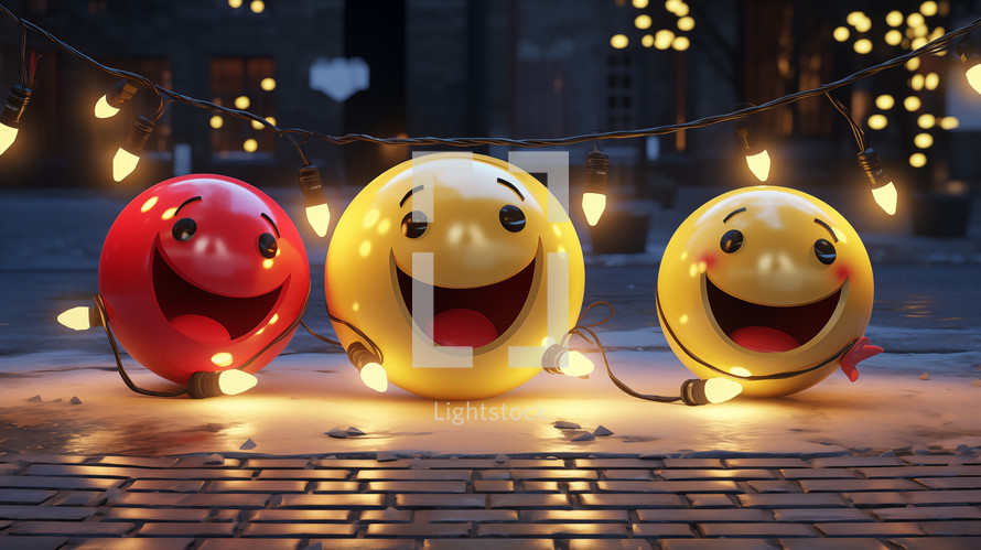 3 D Christmas emojis with Christmas lights