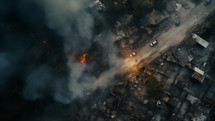 War Zone with fire and destroyed buildings and cars