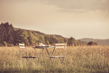 table and chair set in a field 